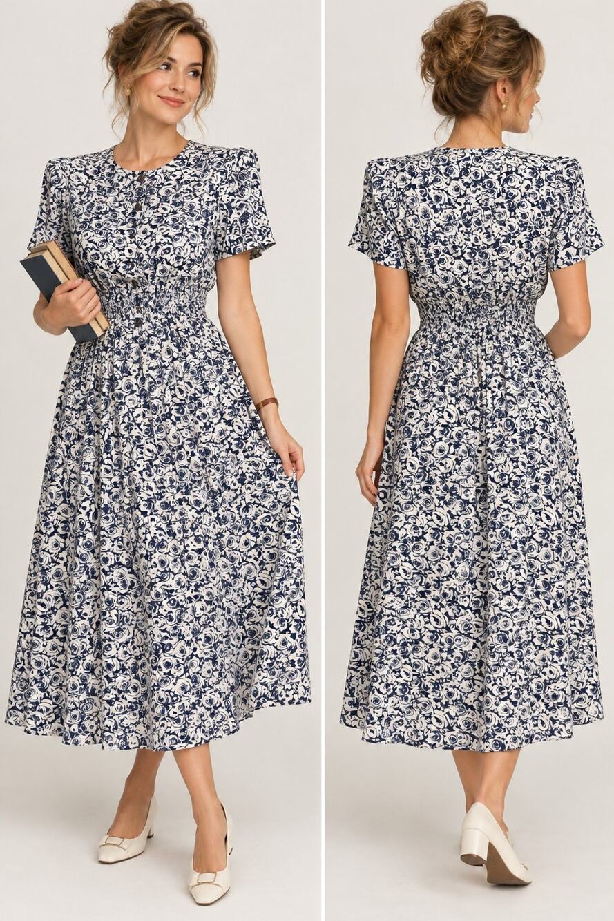 Vintage 90s Darian Floral Midi Dress Womens 10 Navy White Shoulder Pads Teacher